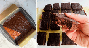 Vegan brownies shown freshly baked in a pan and sliced into squares, with one being held to reveal its fudgy texture