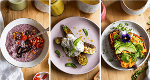 Warm Berry Chia Porridge, Cross-Hatched Zucchini, & Baked & Stuffed Sweet Potato
