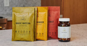 Gut Sweep, Magic Matcha Mylkshake Packet, Golden Ginger Mylskhake Packet, and Bold Beet Mylkshake Packet
