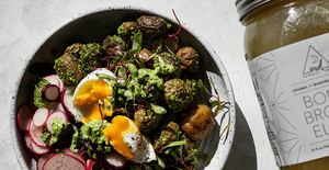 Poached Egg with Pesto Potatoes & Radish Salad