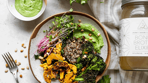Roasted Veggie Grain Bowl with OWL Organic Chicken Bone Broth