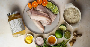 Bone broth nutrition ingredients including fish, rice, citrus, and OWL Venice bone broth elixir.