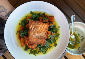 Roasted Salmon with Crispy Sweet Potatoes and Ginger Wilted Kale