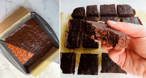Vegan brownies shown freshly baked in a pan and sliced into squares, with one being held to reveal its fudgy texture