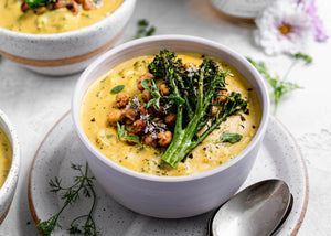 Broccoli “Cheddar” Soup with Roasted Chickpeas