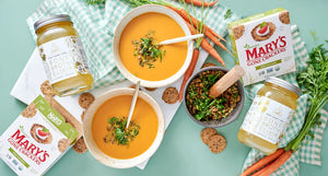 Roasted Carrot Sheet Pan Soup, Chicken Bone Broth Elixir, and Mary's Gone Crackers