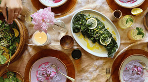 Dinner with OWL Venice featuring Poached Collard Wrapped Branzino, Ginger Mint Mocktail, Beet & Radish Buckwheat Salad, & Chilled Purple Cauliflower Pureed Soup