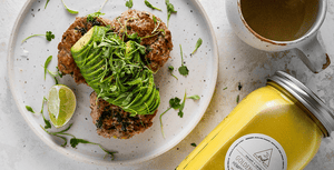 Turkey Burgers with Avocado served with OWL Bone Broth and Golden Ginger Mylkshake