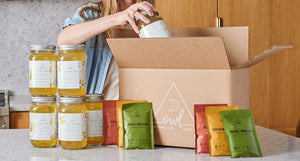 Benefits of bone broth cleanses highlighted by OWL elixirs and mylkshake powders next to branded packaging.