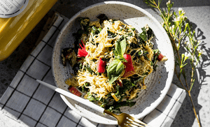 Vegan Alfredo Spaghetti Squash with OWL Golden Ginger Hemp Mylkshake