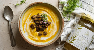 Golden root veggie soup with OWL Turkey Bone Broth Elixir