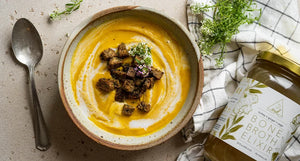 Golden root veggie soup with OWL Turkey Bone Broth Elixir