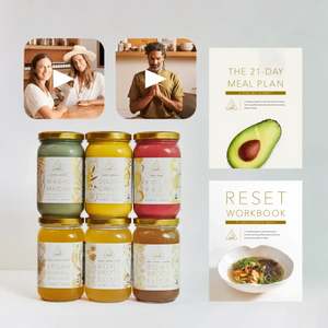 21-day meal plan with reset workbook and six wellness jars, including OWL Broth Elixir and Mylkshake