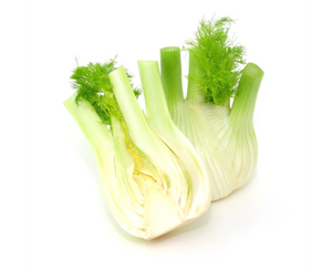 Fennel for bone broth displayed as a whole bulb & a halved bulb with green fronds on a white background