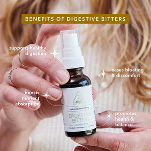 Benefits of Digestive Bitters: supports healthy digestion, eases bloating & discomfort, boost nutrient absorption, and promotes health & balance