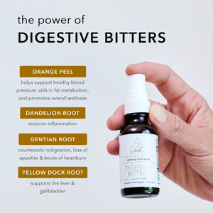 The Power of Digestive Bitters. Orange peel helps support healthy blood pressure, aids in fat metabolism, and promotes overall wellness. Dandelion root reduces inflammation. Gentian root counteracts indigestion, loss of appetite, and bouts of heartburn. Yellow dock root supports liver and gallbladder.