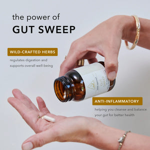 power of Gut Sweep: wild-crafted herbs regulate digestion and support overall well-being. Anti-inflammatory, helping you cleanse and balance your gut for better health.
