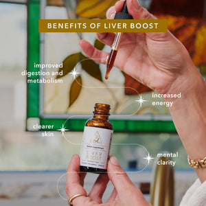 Benefits of Liver Boost: improved digestion and metabolism, increased energy, clearer skin, and mental clarity