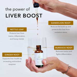 The power of Liver Boost. Nettle leaf protects from toxins, inflammation, and heavy metals. Dandelion root reduces fat build-up and protects the liver from oxidative stress. Ginger root supports liver health by increasing antioxidant enzymes. Burdock root removes toxins and fights inflammation.