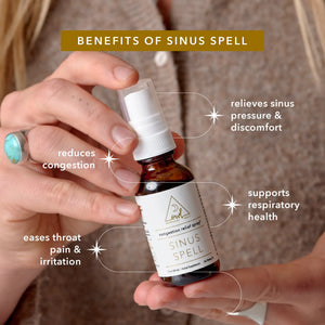 Benefits of Sinus Spell: relieves sinus pressure & discomfort, reduces congestion, supports respiratory health, and eases throat & pain irritation