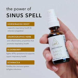 power of Sinus Spell: Horseradish root supports respiratory health & relieves congestion. Andrographis herb, anti-inflammatory properties that promote respiratory health. Eldererry fights off flu symptoms & supports upper respiratory health. Echinacea fortifies system & fights infections.