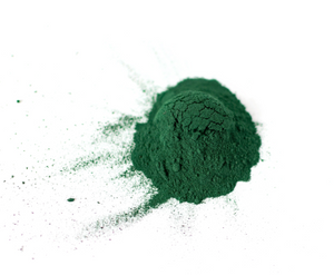 Spirulina for bone broth shake displayed as a vibrant green powder on a white background