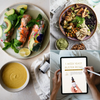 Organic cleanse featuring roasted squash with green sauce, chia pudding with fruit, and a digital reset meal plan on a tablet.
