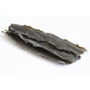 Bone broth with kombu displayed as dried dark green seaweed stacked on a white background