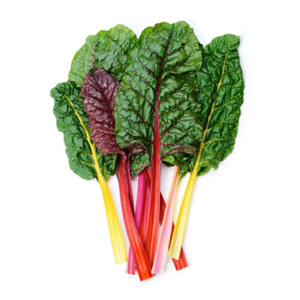 Swiss chard for digestion displayed as vibrant green leaves with colorful red, yellow, & pink stems on a white background